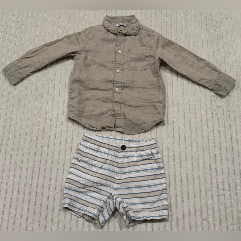 Janie And Jack Tan Button-Up Shirt And Striped Shorts Set Size 2t